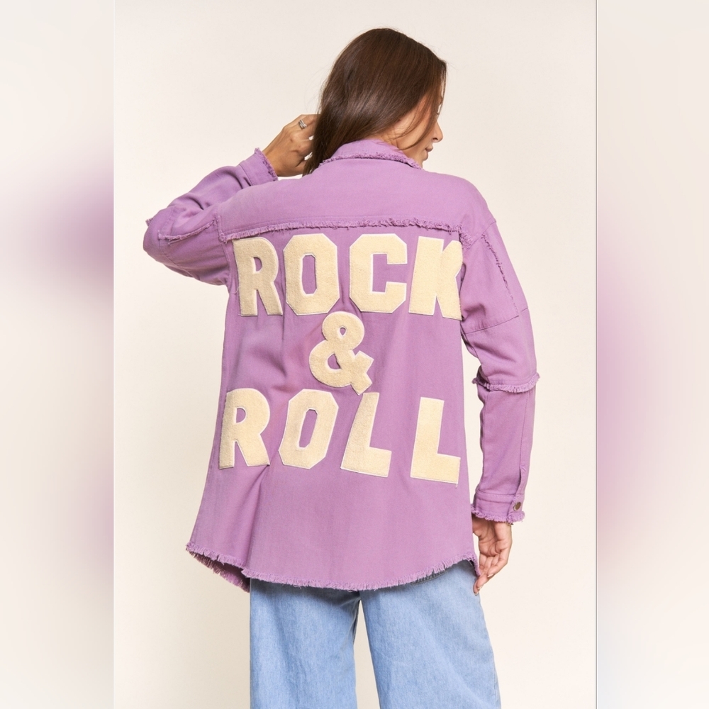Rock And Roll Embroidered Patch Soft Button Up Shirt Jacket Shacket in Lavender